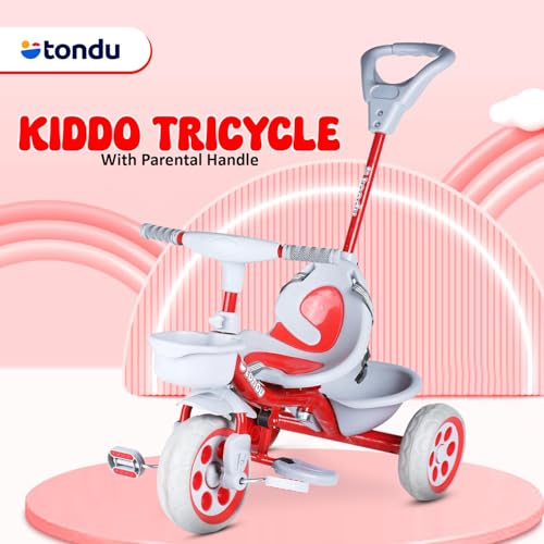 Image of TONDU Kiddo Tricycle for Kids /Baby with Storage Basket | Seat Belt with Parental Control Baby Tricycle (Red)