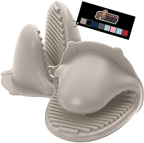 Gorilla Grip Heat and Slip Resistant Silicone Mini Potholders Mitts, Oven Mitt Gloves, BPA-Free, Textured Design, Better Grip, Hot Plate Holder, Kitchen Finger Grips, Cooking, Waterproof 2 Set, Almond