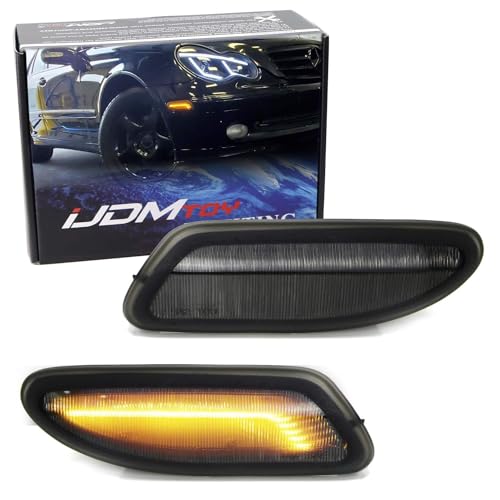iJDMTOY Smoked Lens Amber Full LED Bumper Side Marker Light Kit Compatible With 2001-2007 Mercedes W203 C-Class Sedan, Powered by 30-SMD LED, Replace OEM Front Sidemarker Lamps