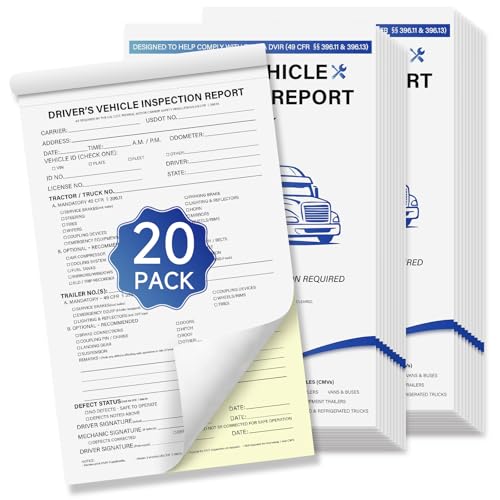 DVIR Inspection Book 20-Pack – Pre-Trip Inspection Forms for Truck Drivers, 2-Part NCR (White & Yellow), 35 Sets per Book, 5.5"x8.5", Meets 49 CFR 396.11 & 396.13, Writing Board Included