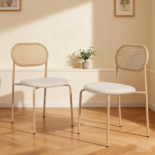 Poeahu Lot de 2 Chaises de Salle à Manger en Rotin, Chaise Bistrot avec Dossier en Rotin et PU Siège Rembourré et 4 Pieds Reglables, Chaise Cannage Design bohème...