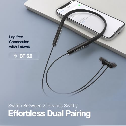 Image of Ambrane Wireless Neckband Bluetooth 6 with Active Noise Cancellation ANC -32dB, 13mm Dynamic Bass Drivers, 60Hrs Playtime, Fast Charging, Voice Assistant, Lightweight 56g