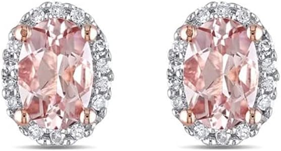 2 Carat Oval Shape Simulated Pink Morganite and White Cubic Zirconia Halo Prong Wedding Engagement Stud Earrings with Push Back In 14K Rose Gold Plated 925 Sterling Silver