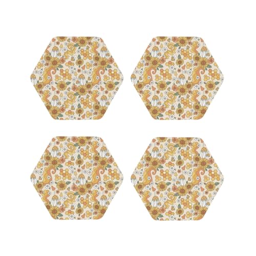 Sechseckige Leder-Untersetzer, leicht, Retro-Design, 70er-, 60er-Jahre, Blumen-Untersetzer für Schreibtisch, Verbrühungsschutz, Schreibtisch-Untersetzer für Bürotischdekoration, 4 Stück