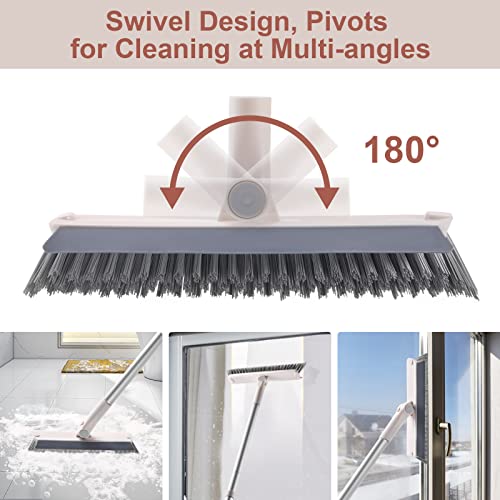 Grout Brush With Long Handle, 2 In 1 Floor Scrub Brush With Squeegee, Shower Scrubber Cleaner Swivel Stiff Bristle For Cleaning Baseboards Tile Floors Bathroom Wall #TOP4