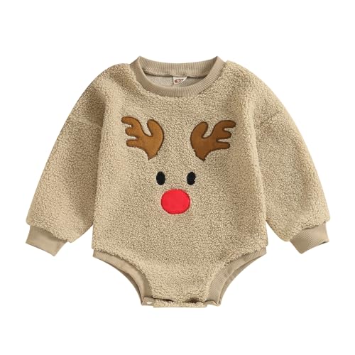 Image of Doisbetthsay Christmas Newborn Baby Fleece Romper One-Piece Footies Jumpsuit Infant Bodysuit For Baby Boys Girls Winter (Khaki, 12-18 Months)
