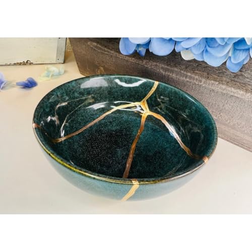 Moss Green Kintsugi Rice Bowl Handcrafted Reactive Glaze Ceramic Bowl Japanese Style Gold-Toned Restoration Art Bowls Zen Decorative Rice Bowls