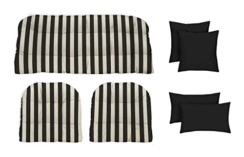 RSH Décor Indoor Outdoor 7 Piece Tufted Wicker Cushion Set + Pillows, (Standard, Black & White Stripe + Black)