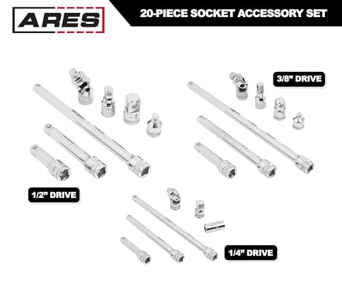 Image of ARES 40003-20-Piece Socket Accessory Set - Premium Chrome Vanadium Steel with Mirror Finish - Includes Socket Adapters, Extensions and Universal Joints