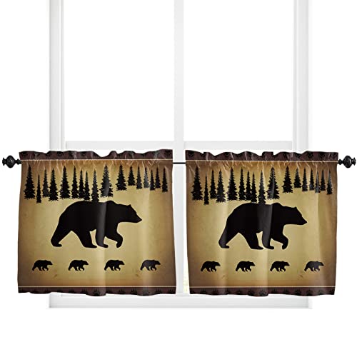 Wohnkutu 2 Panels Rod Pocket Short Tier Curtains, Black Bear Forest Silhouettes Home Decor Window Treatments for Living Room, Bedroom, Bathroom, Vintage Farm Backdrop 27.5" W x 24" L x2