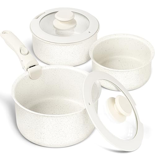 Comparison: Best 3 Piece Non Stick Saucepan Set 11 MICHELANGELO Sauce Pan Set, Nonstick 1Qt & 2 Qt & 3Qt Pots with Removable Handles, Non Toxic Saucepan Set with Detachable Handle, Stackable Pot Set for RV Camping, Oven Safe - 6 Piece