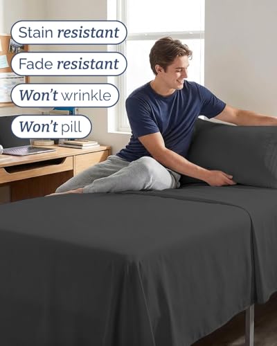 Image of Twin XL 4 Piece Sheet Set - College Dorm Room Essentials - Charcoal | Ultra Soft Dorm Bedding Set, 8 inch to 16 inch Inch Deep Pockets, 1 Flat & 1 Fitted Sheet & 2 Pillowcases, Wrinkle & Fade Free