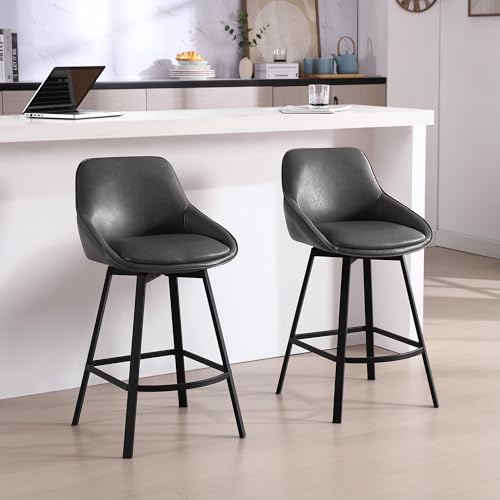 Image of Zesthouse Swivel Bar Stools Set of 4, 26 inch Modern Counter Height Bar Stools with Low Backs, Upholstered Faux Leather Bar Chairs for Kitchen Counter, Dark Grey Island Chairs with Metal Legs
