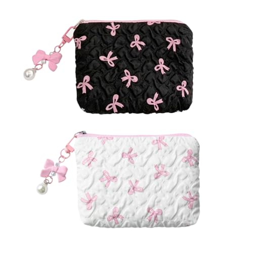 Image of MAYCREATE 2PCS Fashion Makeup Bag Set Textured Embossed Zipper Cosmetic Pouches with Sweet Bow Print & Faux Pearl Bow Charm, Portable Toiletry Organizer for Travel, Purse & Daily Use, 14x12cm