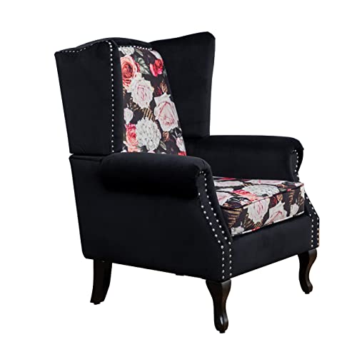 Floral Reading Chair， Armchair With Rivet Trim，Pu Leather Accent Chairs For Living Room，Comfy Chair With Upholstered，Lounge Chair Living Room，Dining Room Chairs (Black) #TOP1