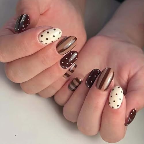 Press on Nails Short Almond - Brown Striped & Polka Dot Fake Nail...