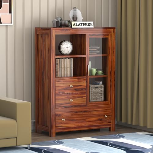 Image of Wood Book Shelf with Glass Door with Storage | Wooden Book Shelf for Home Library with Drawer | Home Office Living Room, Kitchen Crockery Storage Cabinet |, Honey Finish
