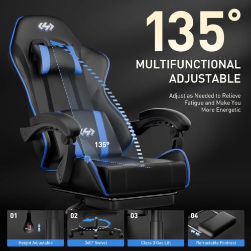 Image of HLDIRECT Gaming Chair with Footrest, Lumbar Support & Headrest, Black&Blue | Ergonomic, 90-135 recline, adjustable height & 360 swivel, PU leather and 45D foam, for adult gaming, work & relaxing