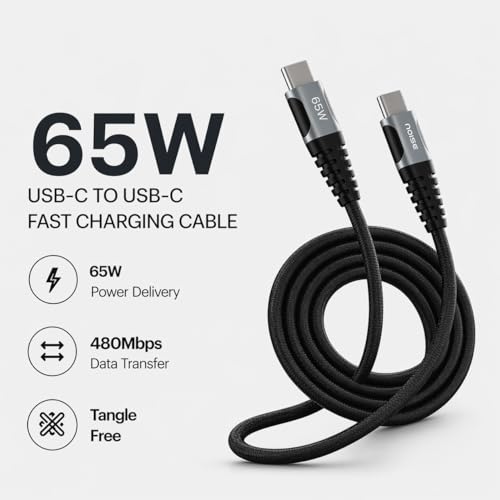 Image of Noise 65W Fast Charging USB C to USB C Cable | 50x More Durable | 1M / 3.3Ft | 5A PD charge | 480 Mbps Transfer Speed | Braided Cable For iPhones, Android, Laptops, MacBooks, Tablets (Black)