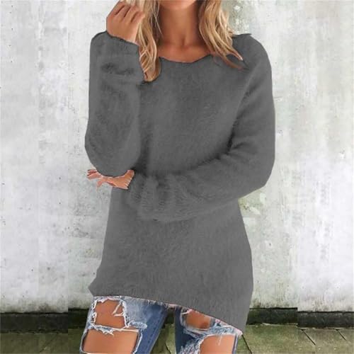 Generisch Damen Langarm Teddy Fleecepullover Elegant Long Fleece Pullover Ohne Kapuze Einfarbig Rundhals Casual Pulli Autumn Winter Bequeme Warm Oberteile Pour Festlich Alltagskleidung (Grey, XXXXXL)