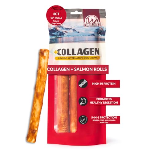 Wild Eats Salmon Flavor Collagen Cheek Roll Chew 10" 3pk Pig Ear Substitute | Long lasting treats and bones for medium dogs, retriever style texture, 3 per bag, satisfies natural gnawing urges daily