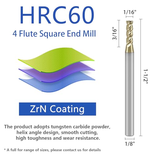 Image of 1 /16 inch Carbide Square End Mill with ZrN Coating 4 Flute Unequal Helix Design Mill Bits Sets for Roughing and Finishing (5PCS)