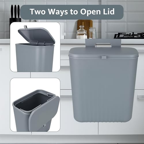 Image of House of Quirk Plastic Hanging Trash Can With Lid, Double-Sided Open Design, Cabinet Door Hanging Wall Storage Bucket for Kitchen (9 Litre Grey)