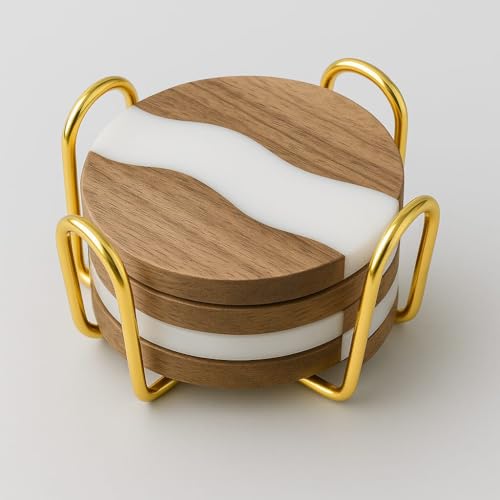 Image of CentraLit Wooden Coaster Set of 4 for Dining Table - Premium Wood & Resin Drink Coasters with Gold Stand - Stylish Tea Cup, Coffee Mug & Glass Coasters - Modern Table Coaster Set for Home (Round)