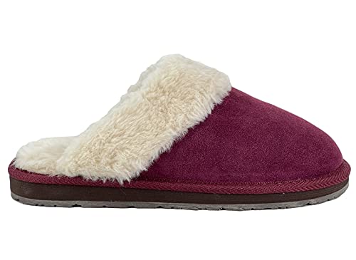 Image of Clarks Womens Open Back Suede Leather Comfort Clog Slipper JMS0583C - Plush Faux Fur Trim - Indoor Outdoor House Slippers For Women
