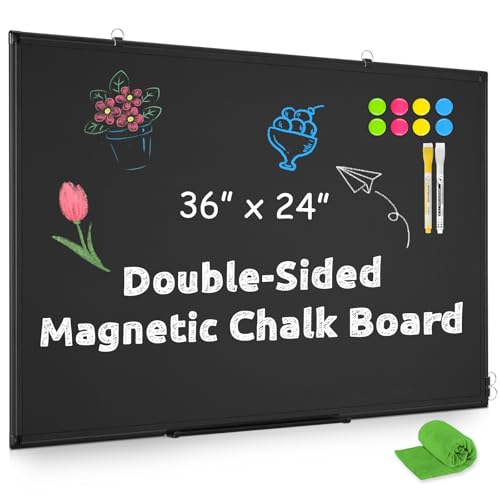 Magnetic Chalk Board, 36“x24” Black Chalkboard Double-Sided Dry Erase Board Magnetic Blackboard for Wall, Black Framed Small Chalk Board Home, School, Office, Kitchen