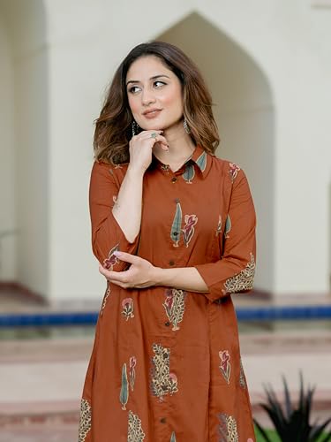 Image of Arayna Women's Pure Cotton Printed A-Line Kurta Set with Pants | Button-Down Collar Kurta