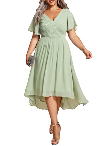 Image of Ever-Pretty Plus Summer Short Sleeves V-Neck Formal Wedding Guest Dresses for Curvy Women Chiffon Midi Cocktail Party Dress