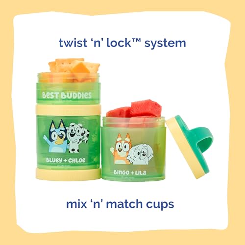 Image of Whiskware Bluey Stackable Snack Containers for Babies, Toddlers, and Kids, 3 Stackable Snack Cups for School and Travel, Cupholder Friendly, Bluey, Chloe, Bingo, and Lila, Best Buddies!