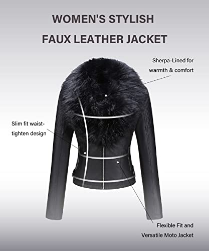 image for Bellivera Women's Faux Leather Short Jacket Moto Fleece-Lined Coat wit
