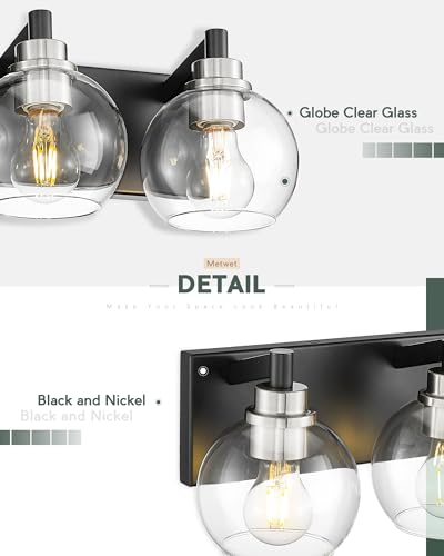 Image of Bathroom Light Fixtures, 3-Light Black and Brushed Nickel Bathroom Vanity Light, Modern Wall Sconces with Globe Clear Glass Shade, Vanity Lighting Fixtures Over Mirror, VL195-KN-3