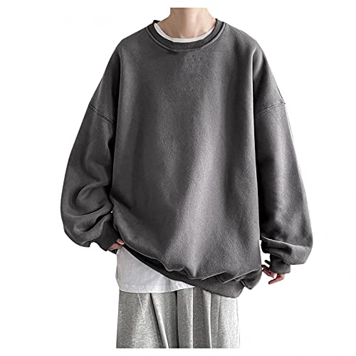 HJHGJ Sudaderas para hombre, color liso, manga larga, cuello redondo, talla grande, holgada, holgada, de gran tamaño, para otoño e invierno, para mantener el calor, suave, cómoda, ajuste regular,