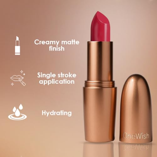Image of One Wish Creamy Matte Lipstick - Cherry on Top Shade 08 | Long Lasting | Full Coverage | Smooth Finish | High Pigment | No Dryness or Flaky Lips | SPF | Enriched with Vitamin E, Almond Oil & Shea Butter | 3.8 gm