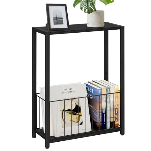 Homleke Narrow Side Table with Magazine Holder, Skinny End Table Perfect for Small Spaces, Space-Saving Design for Living Room, Bedroom, or Office, 7.1' D x 16.9' W x 23.6' H, Black