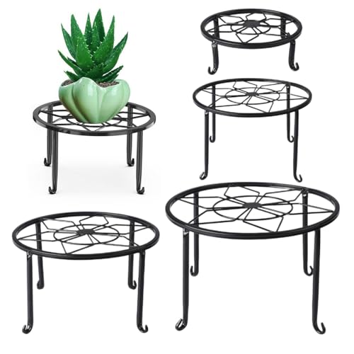 Soporte para plantas – Soporte redondo de metal para plantas de interior – Soporte negro para plantas para interiores y exteriores, soporte resistente para plantas, soportes de metal para plantas para