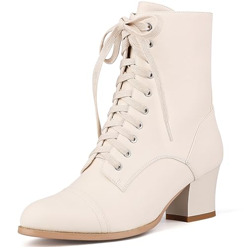 Best Stores for Affordable Fashionable Boots: Your Ultimate Guide 13 Pixoecuty Women's Victorian Ankle Boots Lace UP Boots For Women Booties Side Zipper Block Chunky Mid Heel Beige US 8