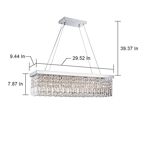 Image of Modern Crystal Lamp, Height Adjustable Rectangular Pandant Light Fixture for Dining Room, Living Room, Kitchen Island, Wide 30-Inch, Installation Video Available
