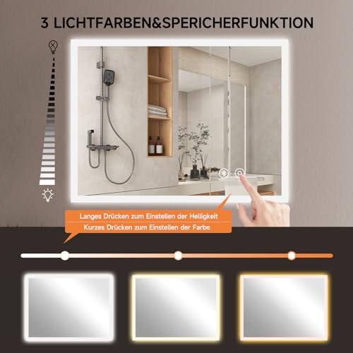 YOLEO Badspiegel mit Beleuchtung, LED Spiegel mit Bluetooth-Lautsprecher, Wandspiegel mit Steckdose, Badzimmerspiegel LED Beschlagfrei mit Touchschalter, 3 einstellbare Lichtfarbe, 80x60cm 4