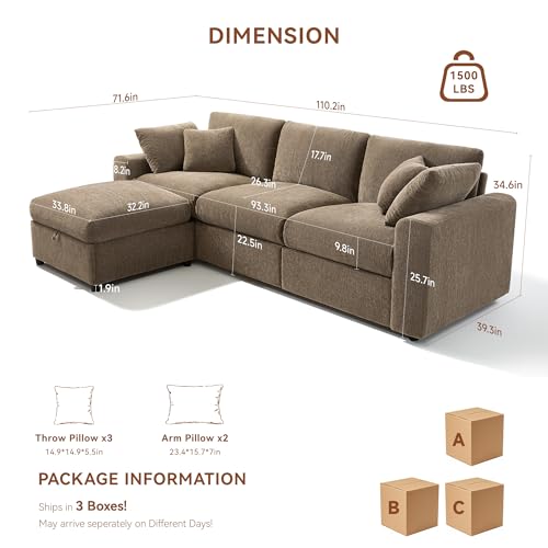 Image of Ihanherry Cloud Sectional Couches for Living Room, 110 inch Large Modular Sectional Sofa with Wide Deep Seat, L Shaped Couch with Throw Pillow and Storage Ottoman, Brown