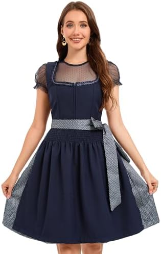 YesFashion Dirndl Damen Midi Dirndl-Komplettsets 3 Teilig Oktoberfest Damen Outfit Grün/Blau Dirndlkleid Dirndlbluse Dirndlschürze Trachtenmode