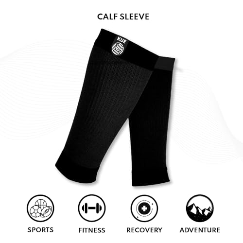 Image of KUE Compression Calf Sleeve | Men & Women|Gym, Sports & Fitness|Calf Support, Blood Circulation, Swelling, Shin Splints, Varicose Veins, Recovery|Pack of 2| (L /XL, Black /Black)