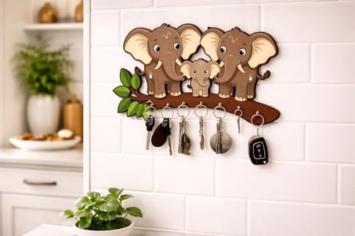 Image of Elephant Family Wooden Key Holder for Wall | Decorative Animal Key Hanger with 5 Hooks | Cute Cartoon Wall Mounted Key Stand for Home Entrance, Living Room & Office Decor