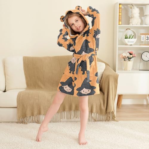 Bath Robe Girls Cute Witch Character Halloween Pattern Hooded Robe4