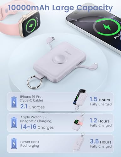 Image of RORRY CharmGo Portable Charger, 10000mAh 20W Fast Charging Portable Charger Power Bank with Built in Cables, Travel Battery Pack for iPhone 17 /16 /15 /14 /13 /12 and Apple Watch, Purple