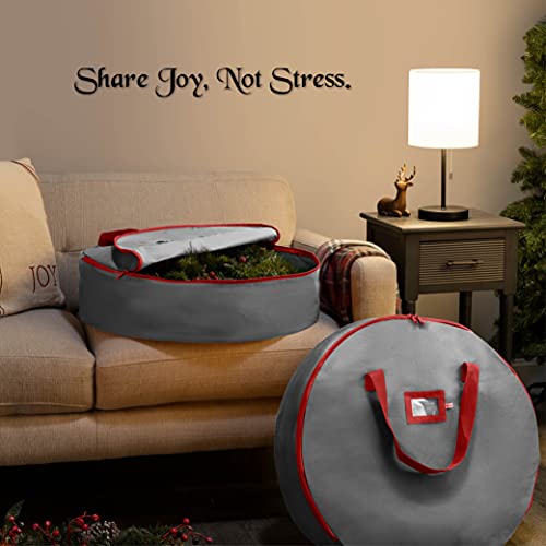 ZOBER-Christmas-Wreath-Storage-Container-24-Inch-Wreath-Bag-for-Artificial-Wreaths-Dual-Zippered-Wreath-Storage-WStrong-Durable-Handles-2-Pack-Gray
