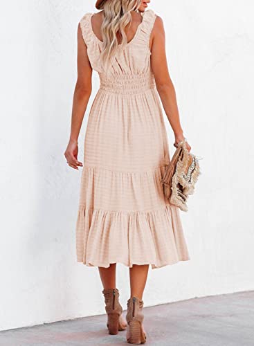 AlvaQ Women Summer Sleeveless Smocked Midi Dress High Waist Casual Tiered A Line Sundress with Pockets - Image 4